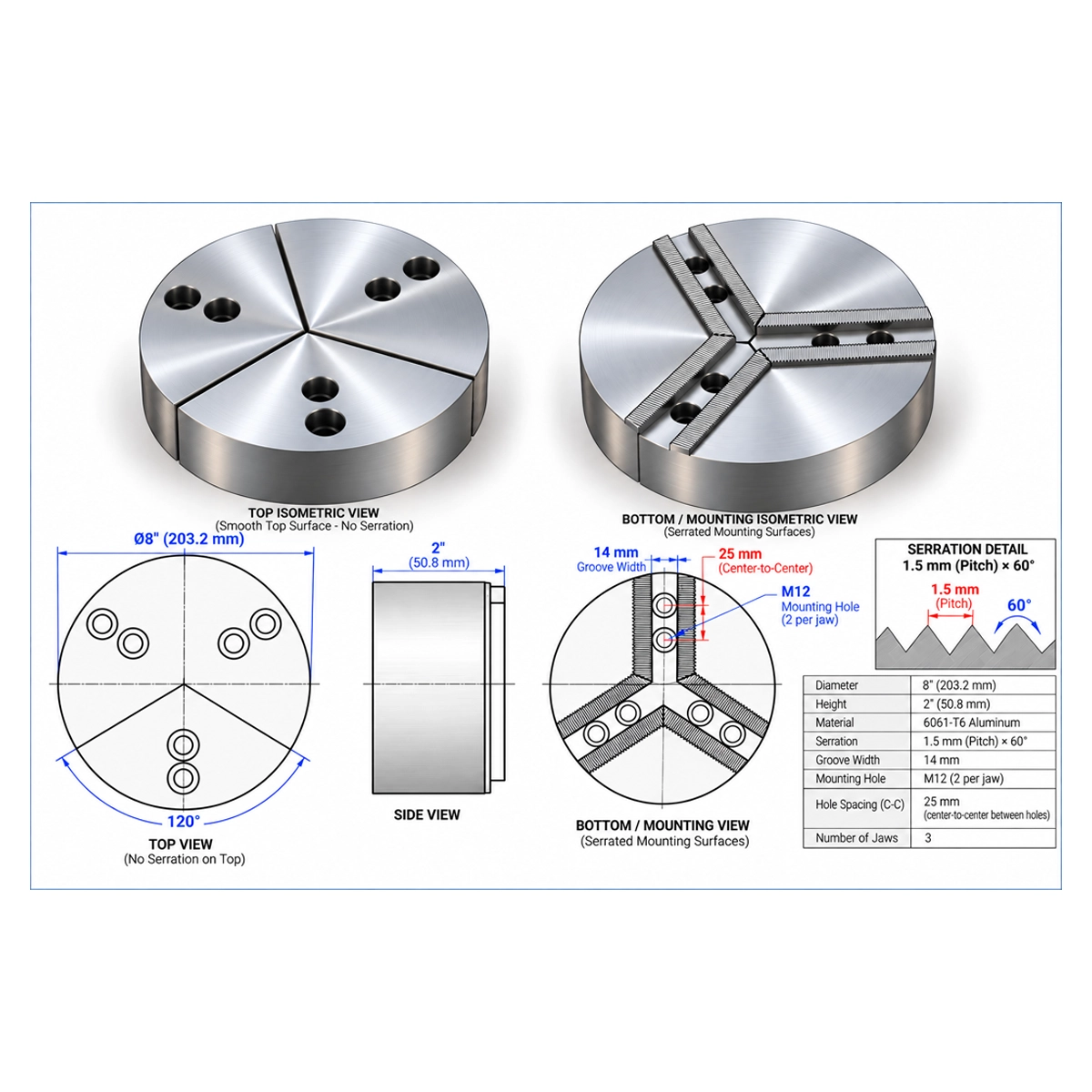 8" x 2" Aluminum Pie Jaws – 1.5 mm × 60° Serration, Full Grip - Image 2