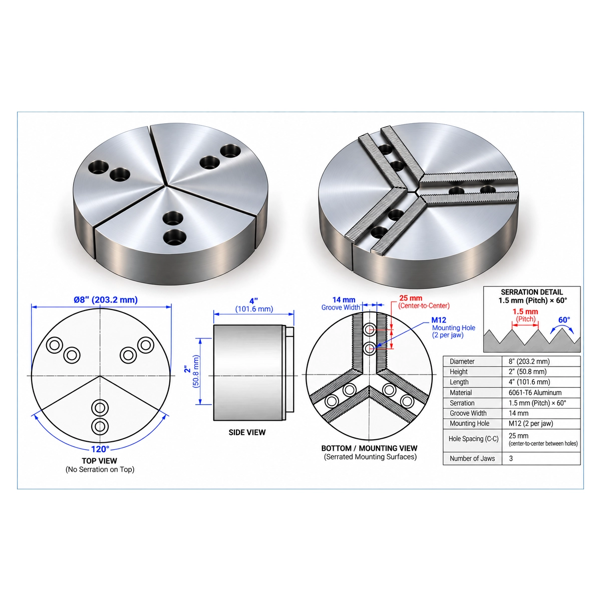 8" x 4" Aluminum Pie Jaws – 1.5 mm × 60° Serration, Full Grip - Image 2